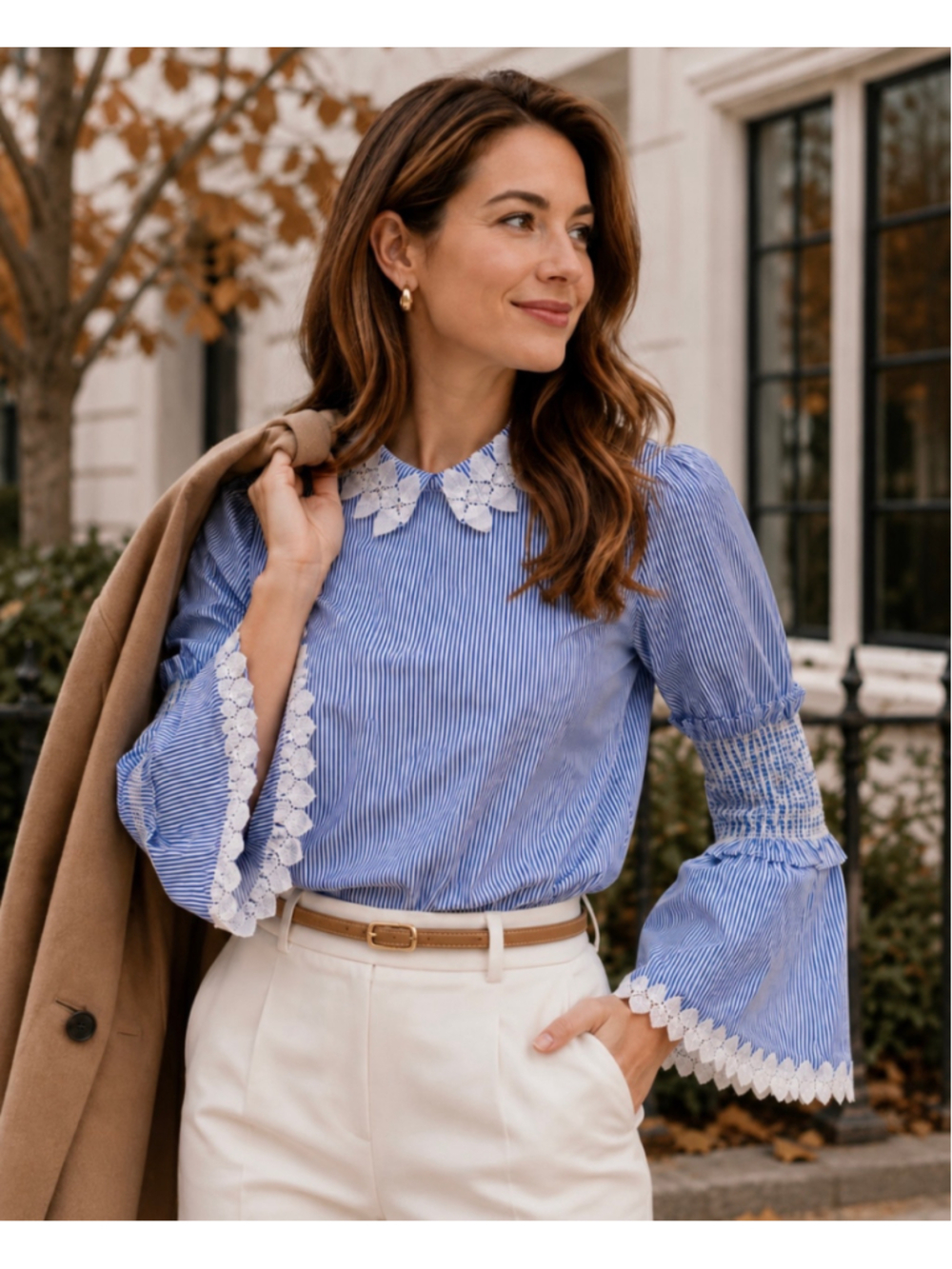 Ted Baker Cerenna Blue White Stripe Lace Fluted Bell Sleeve Blouse Size 4